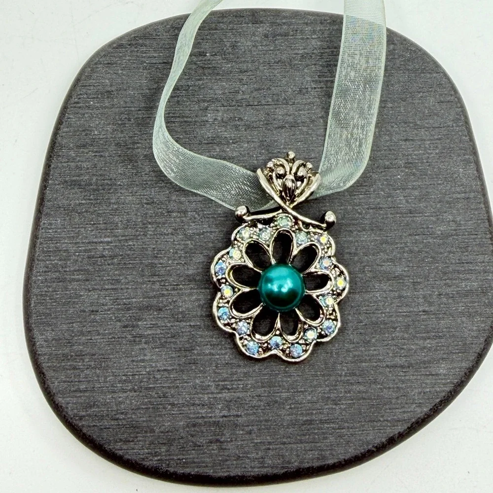 Necklace Teal Faux Pearl AB Rhinestone Silver Tone Flower Organza Ribbon Boho